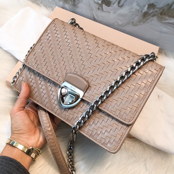 Prada Madras Woven Leather Chain Flap Bag Cammeo - Picture 5 of 8